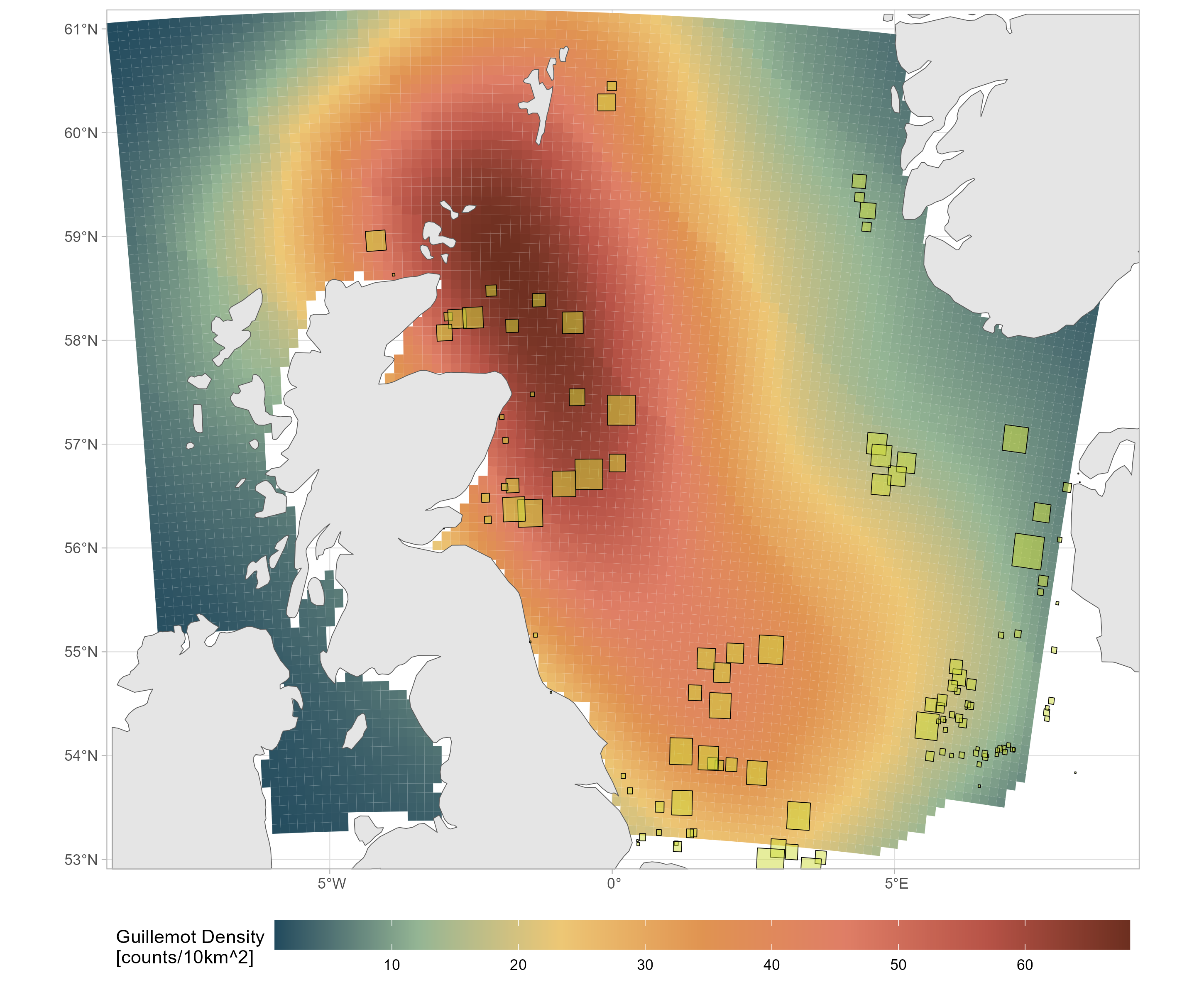 Synthetic windfarms within North Sea, against a predicted guillemot density surface (average counts/10km^2 in October). Density is clipped to the area oo calculation (AOC), windfarms are the light blue boxes. Anything beyond the AOC boundaries are excluded from calculations